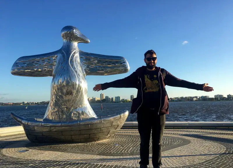 Dave and the giant silver duck in Perth