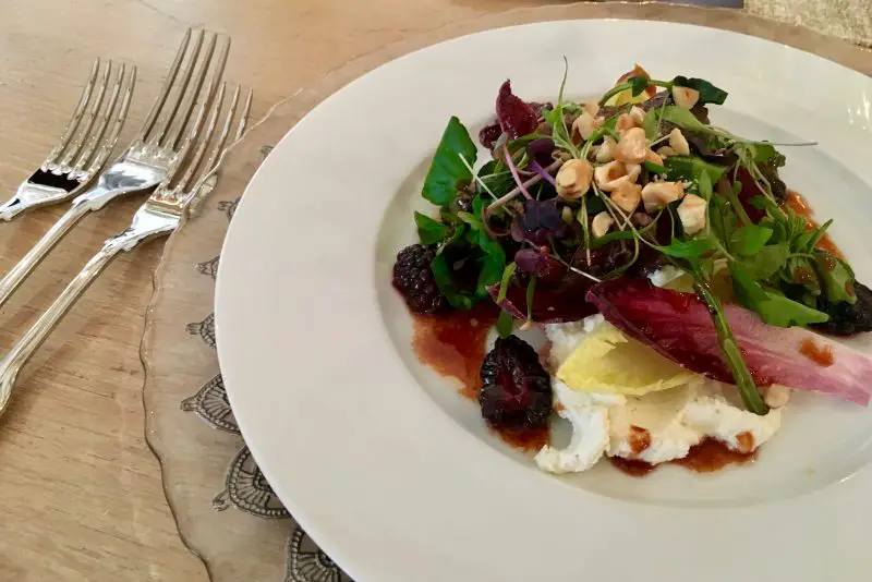 mallard, hazelnut and blackberry salad with goats curd