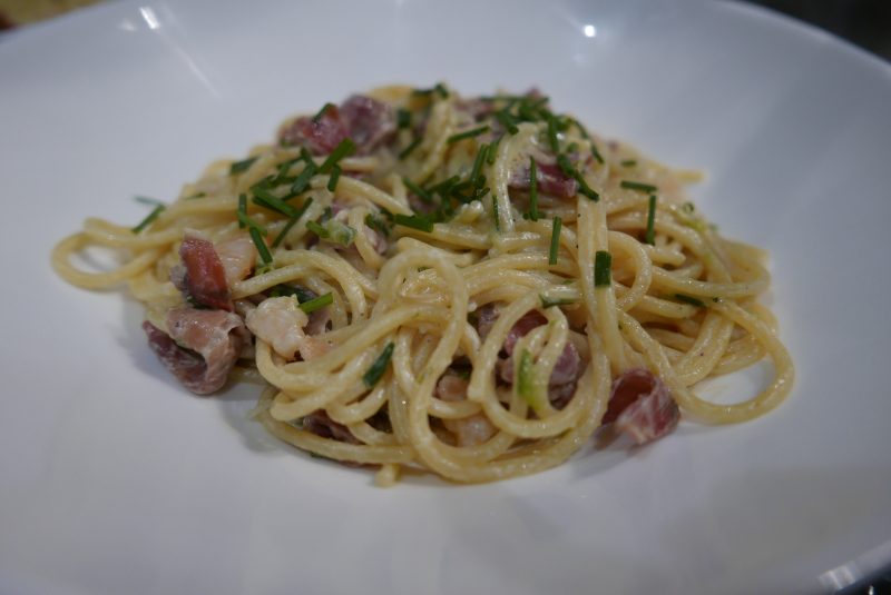 Creamy Linguine with King Prawns and Serrano Ham