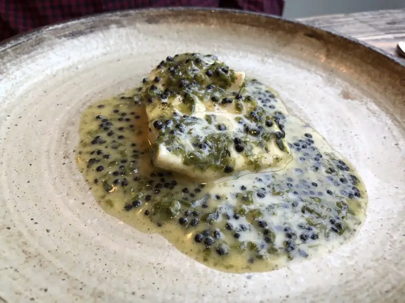 Steamed brill, sea lettuce & smoked herring roe sauce