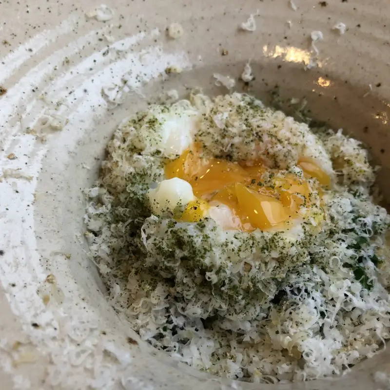 Fermented kale, cavatelli, slow cooked egg, goats cheese