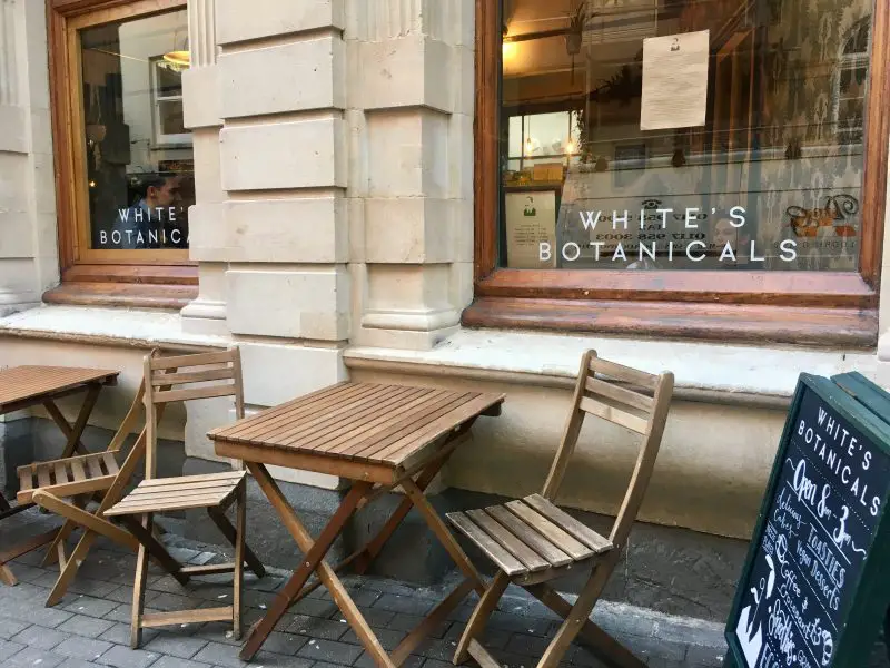 Outdoor seating at Whites Botanicals in Bristol