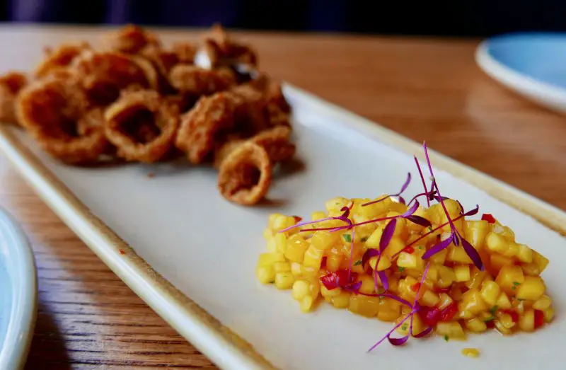 spicy crispy squid with mango and chilli salsa