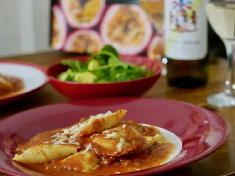 Marks and Spencer ravioli with sausage and tomato sauce