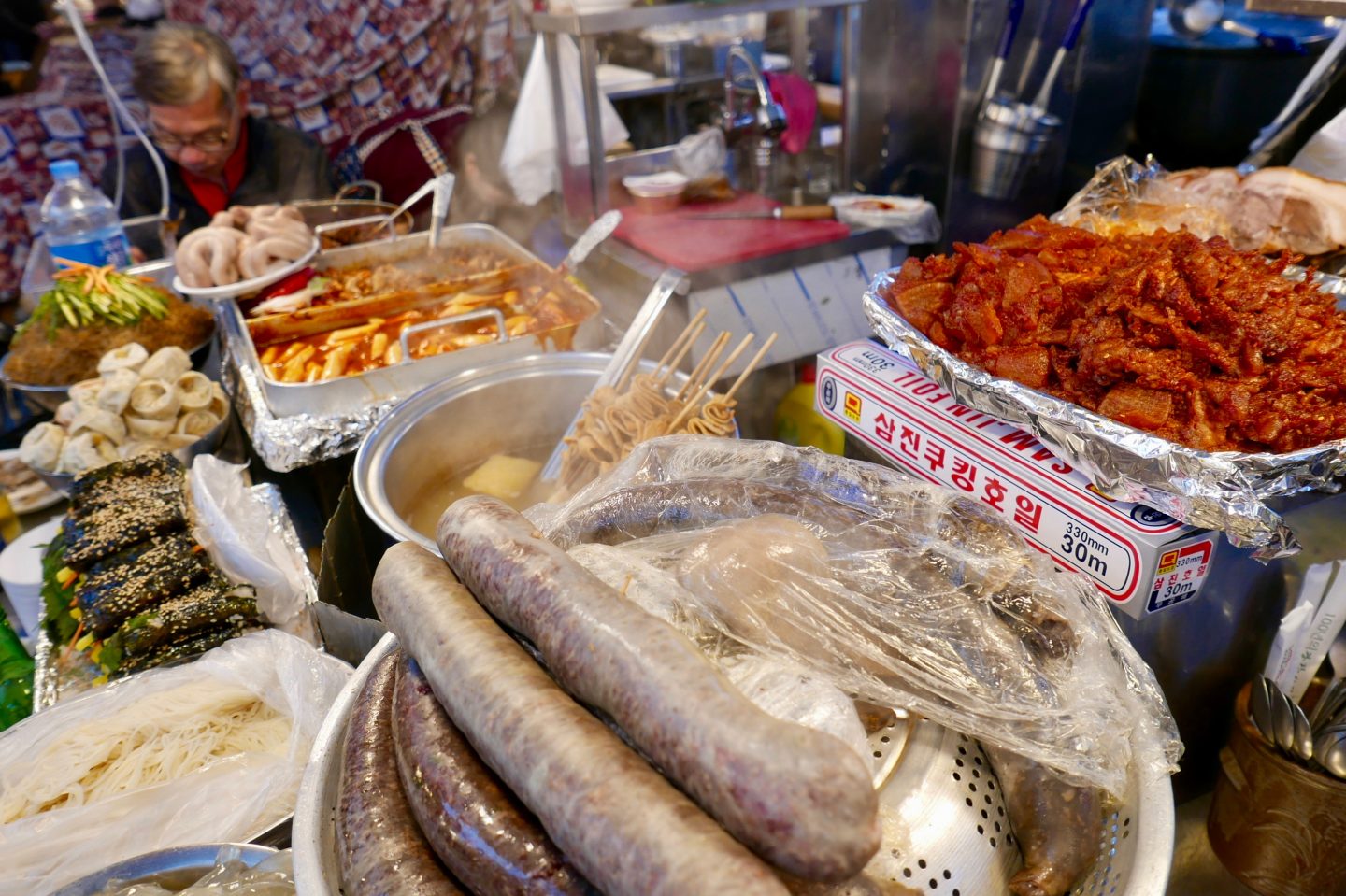 Sundae and other street food snacks for sale at Gwangjang market in Seoul