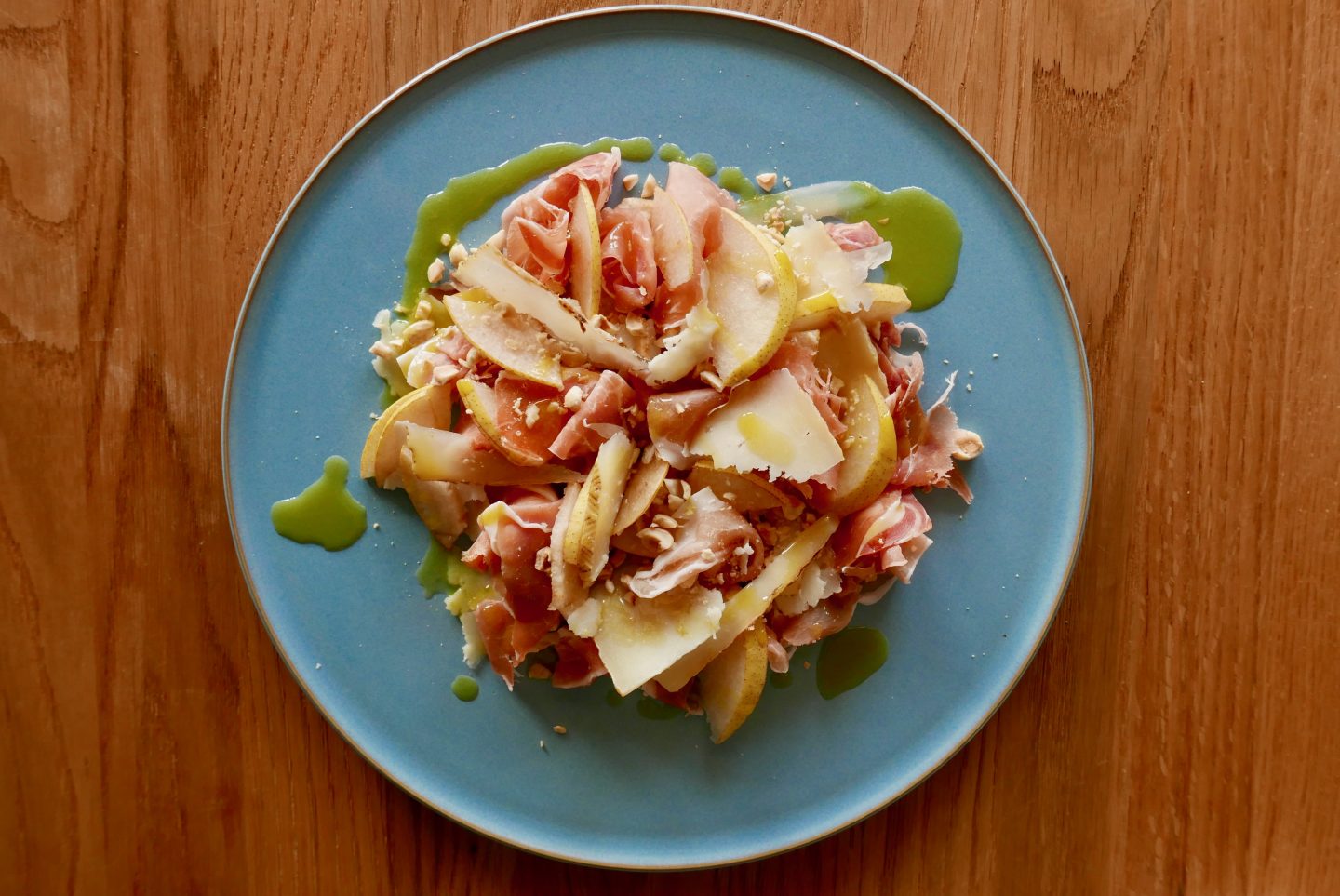 Pear, air-dried ham and ewes cheese salad