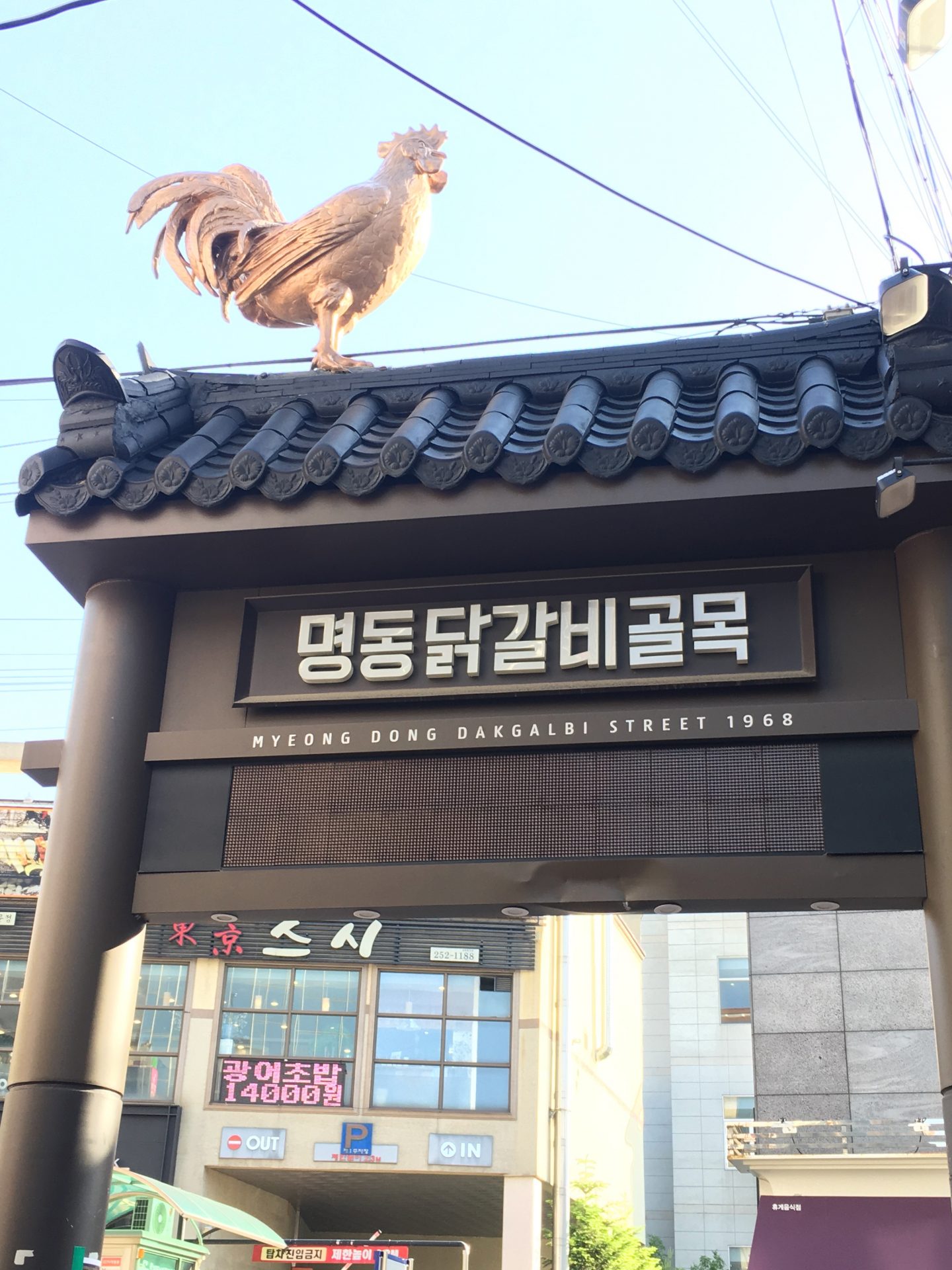 The golden chickens guard the entrances to Dakgalbi / Chicken street