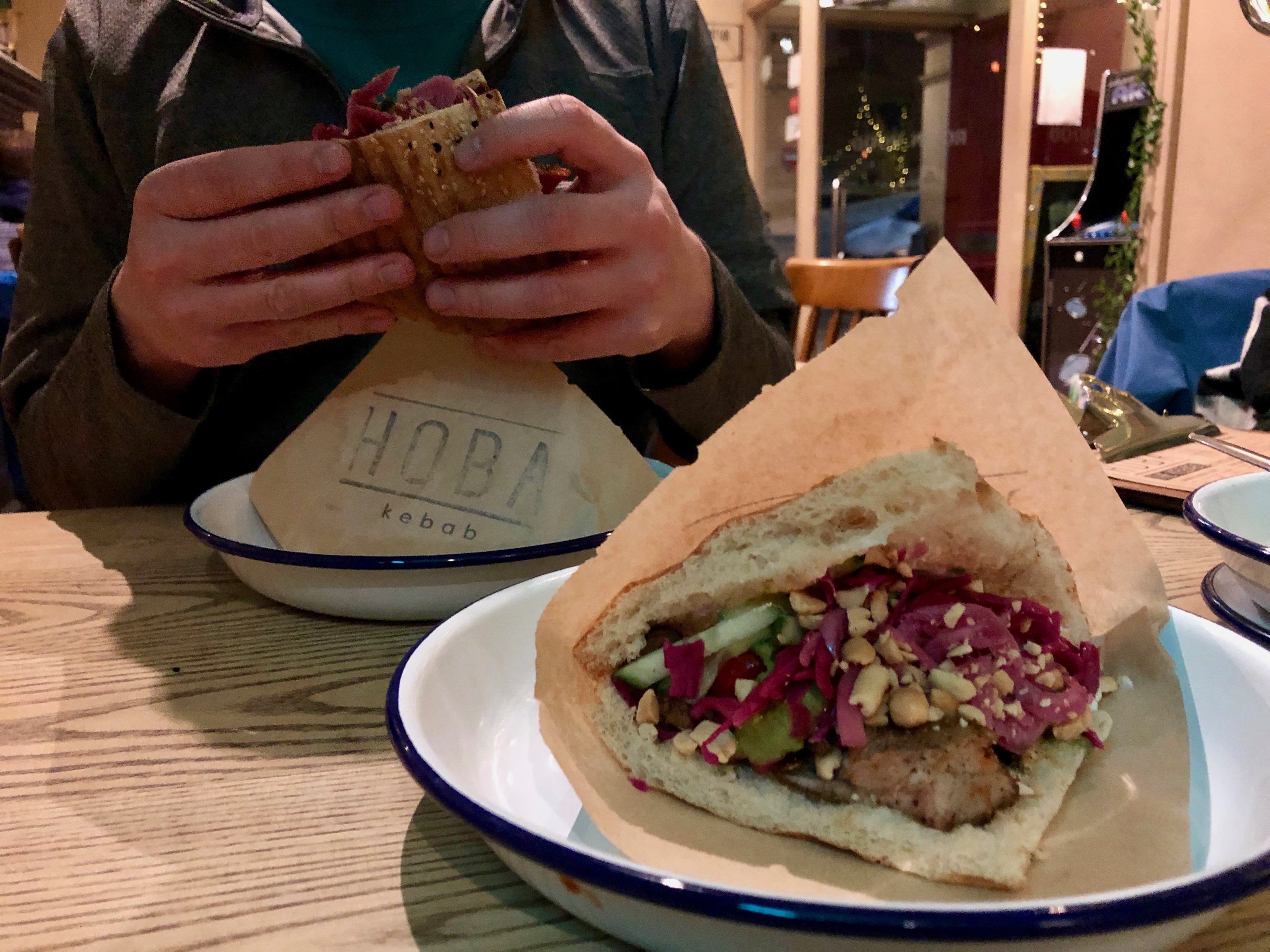 Tucking into our Hoba Kebab dinner in Bristol