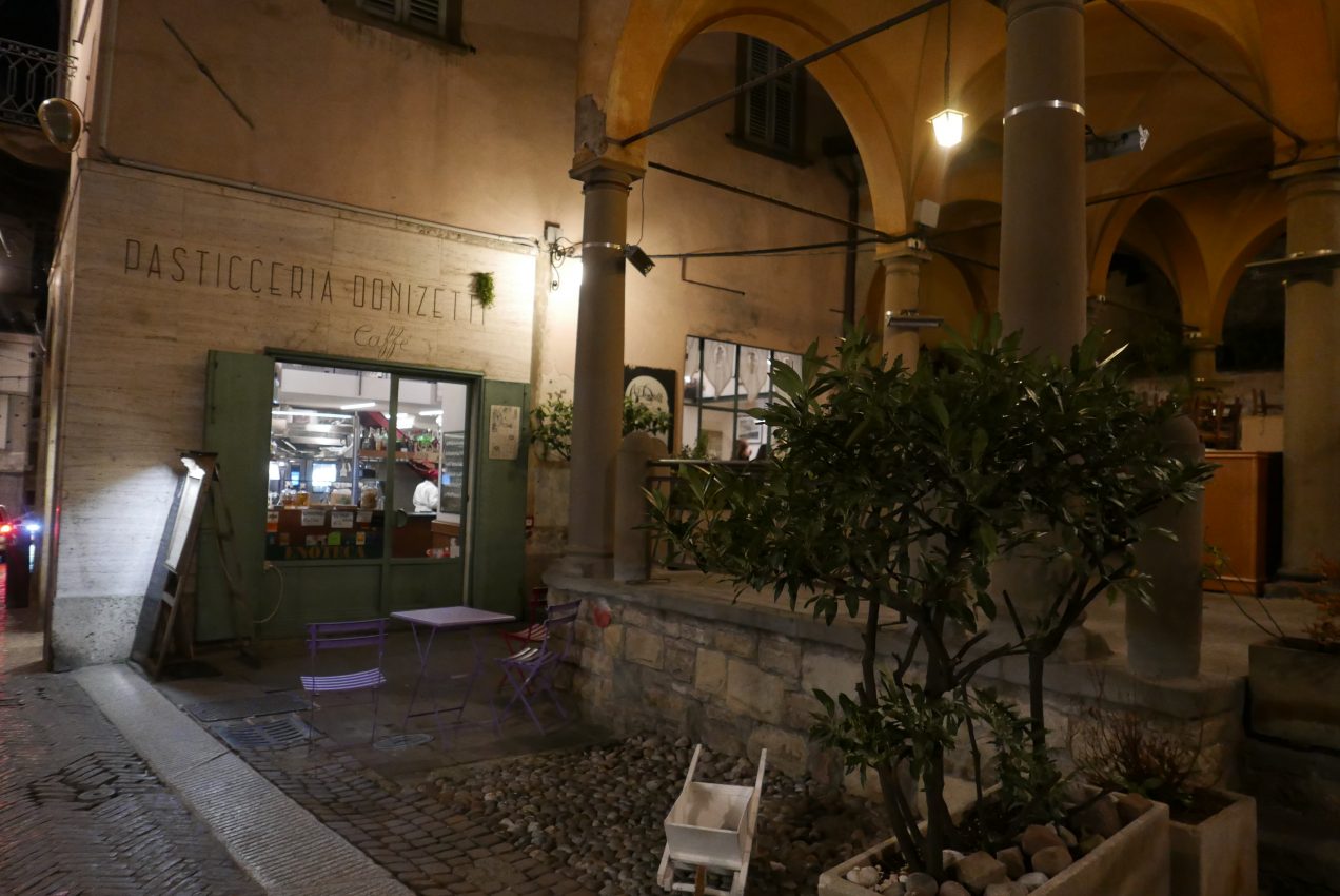 Outside the Pasticceria Donizetti Caffe at night