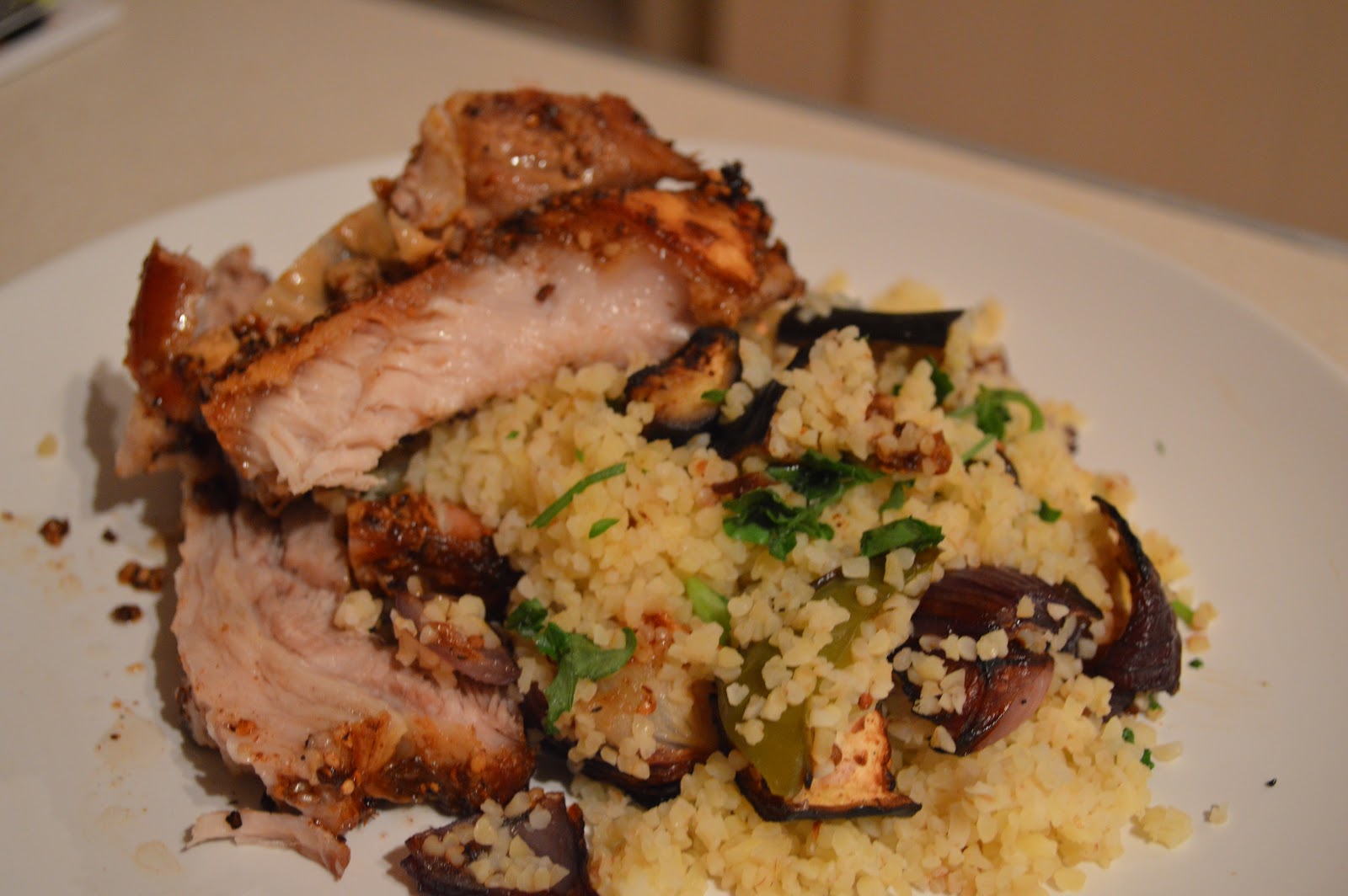 Dukkah rubbed belly pork with bulgar wheat and roasted veggies!