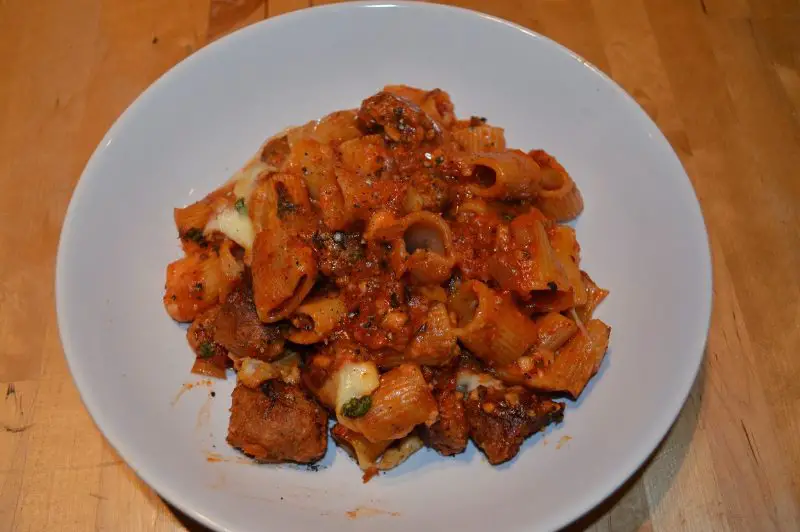 Chorizo style sausage and pasta bake