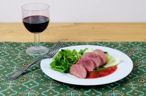 Duck with spiced plum jam and watercress