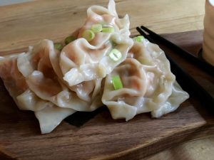 Homemade prawn and kimchi mandu ready to eat