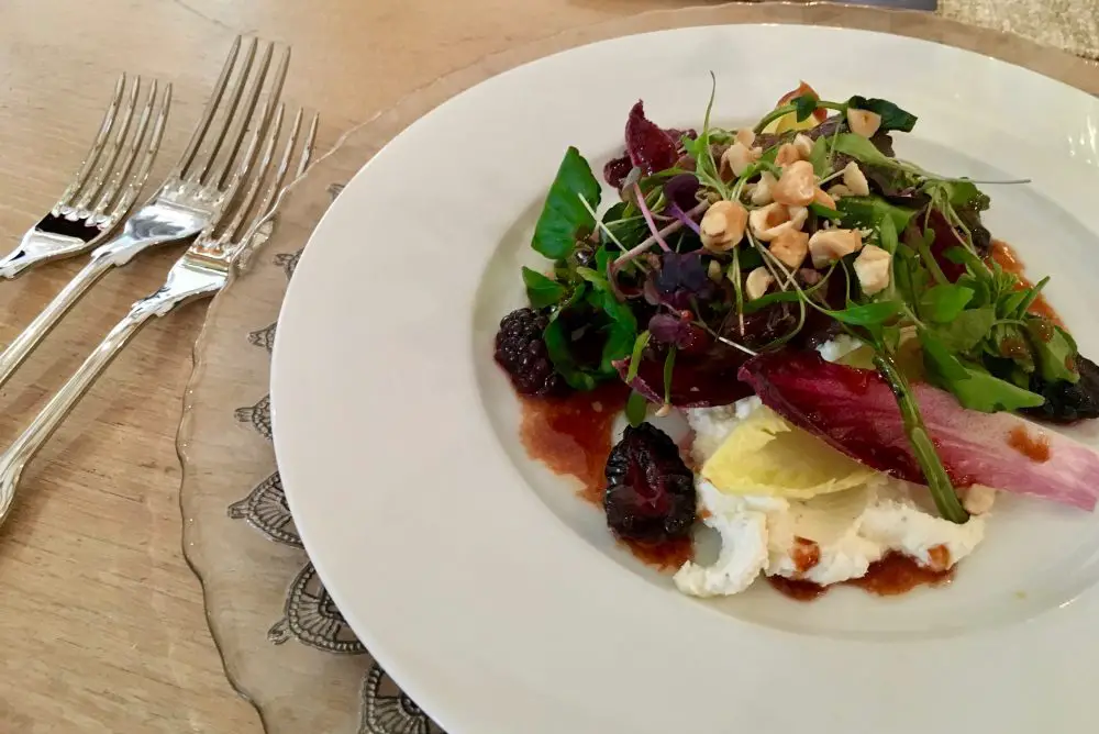 Mallard, hazelnut and blackberry salad with goats curd