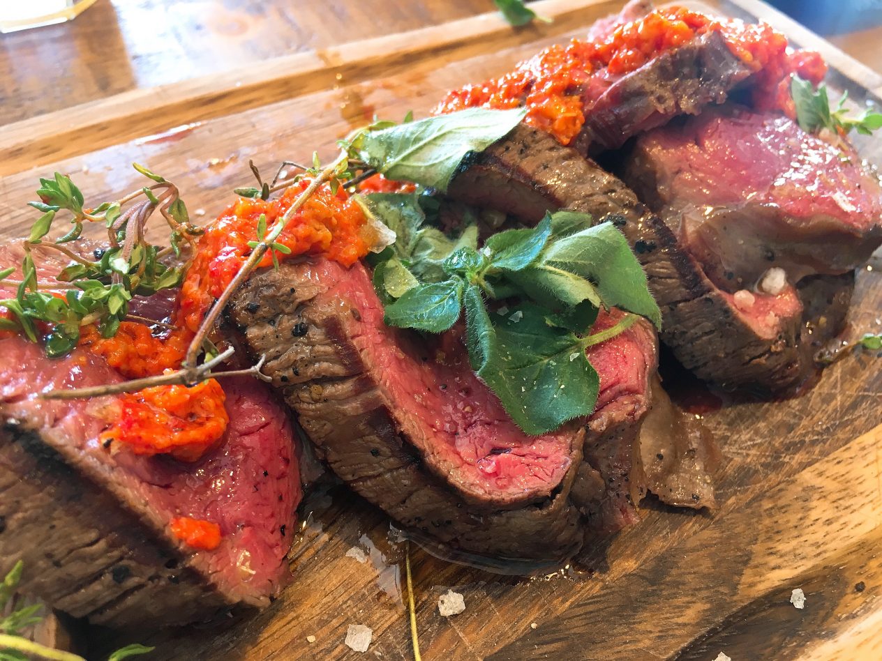 Delicious steak with pepper sauce at Helen Browning's Organic pub