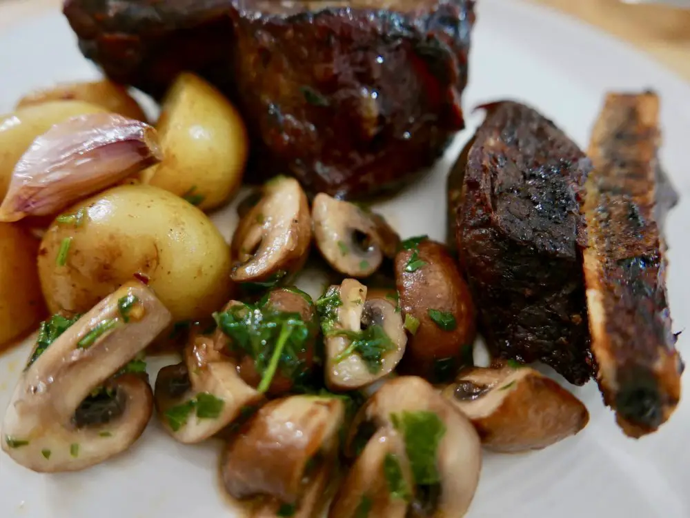 Honey Glazed Short Ribs with mushrooms and roasted new potatoes