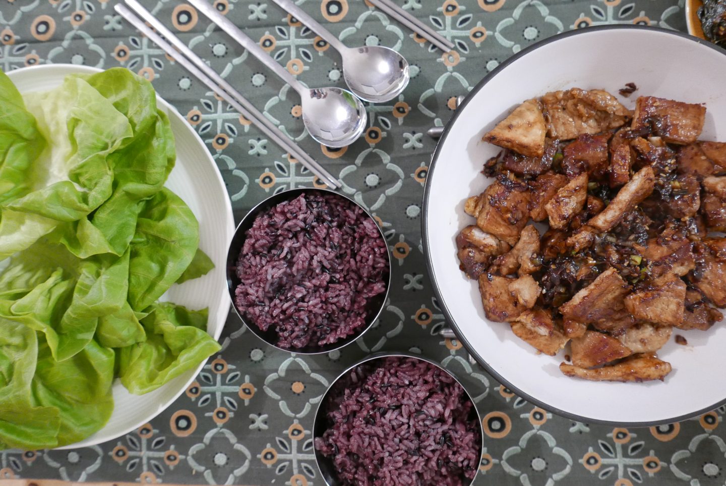 Maekjeok or Royal Korean BBQ pork, ready to eat with rice and lettuce