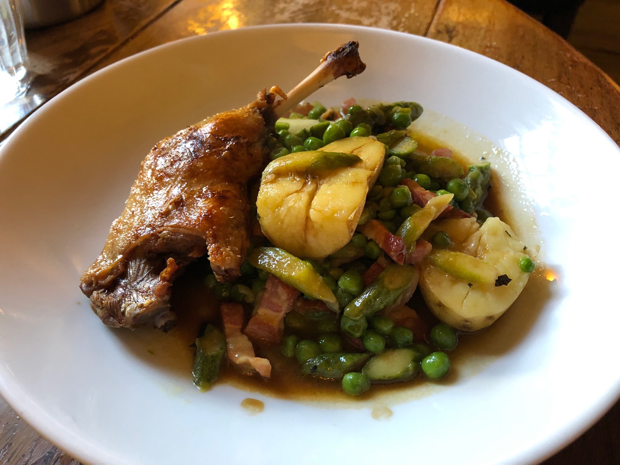 Confit duck leg with peas and pancetta