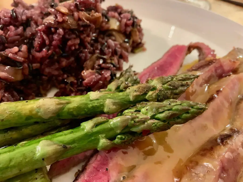 Fritillary Butterfly Beef steaks with miso sauce and grilled asparagus