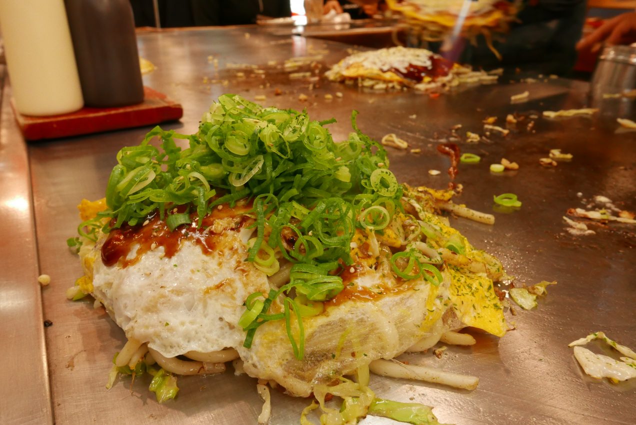 A Hiroshima style okonomiyaki ready to eat