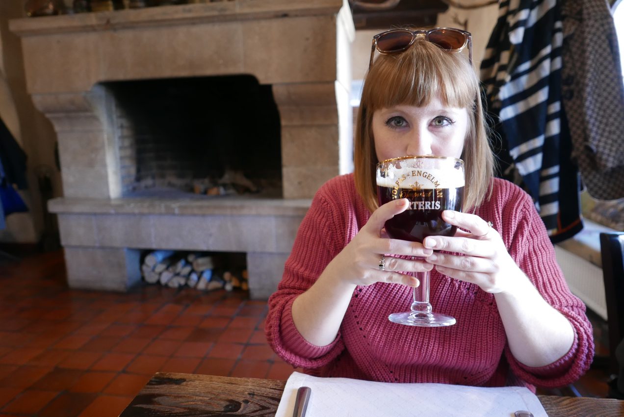 Gingey Bites drinking cherry beer in Kaunas, Lithuania 