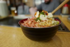 A bowl of ingredients ready to make Monjayaki