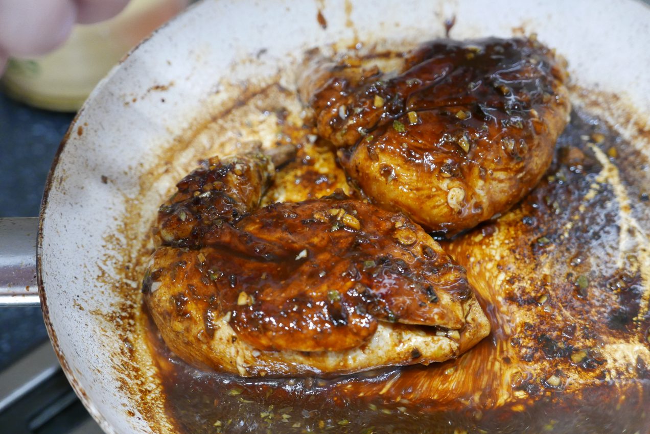 Sticky balsamic glazed chicken in the pan