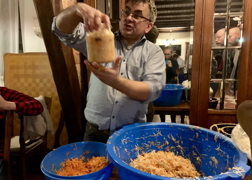 Making sauerkraut, one of the more typical Polish foods.