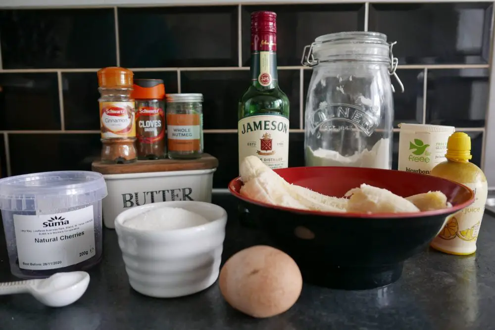 Ingredients for whisky and cherry banana bread