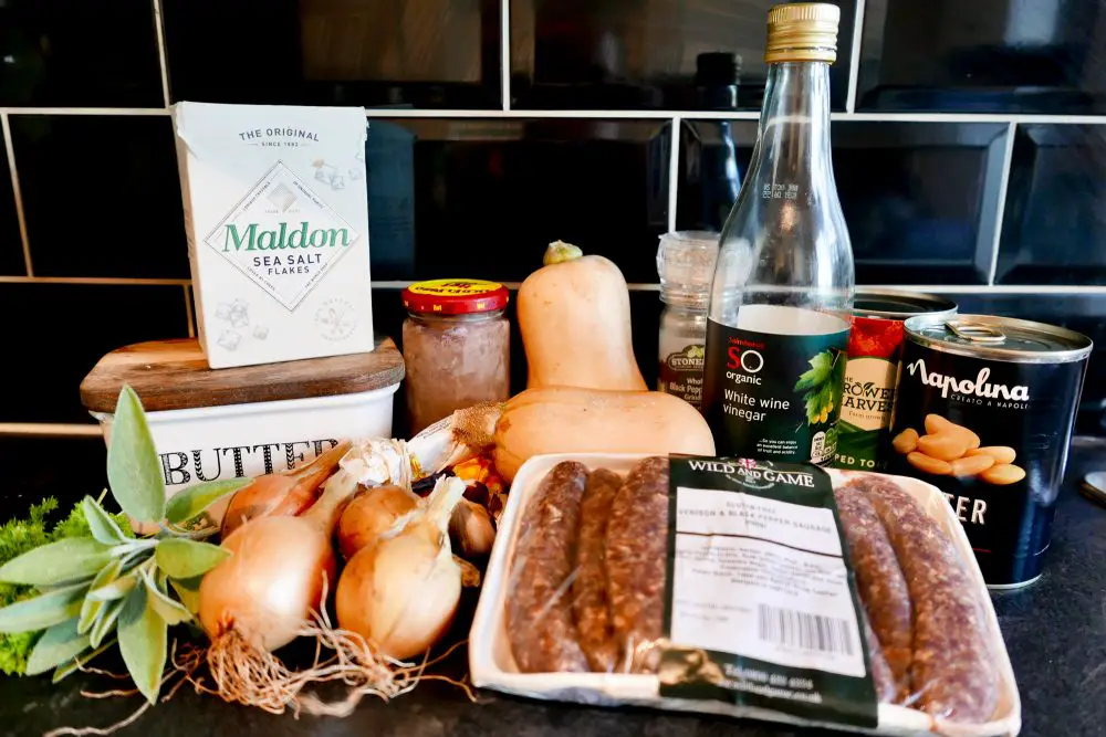 Ingredients for Matt Tebbutt's sausage and pumpkin casserole