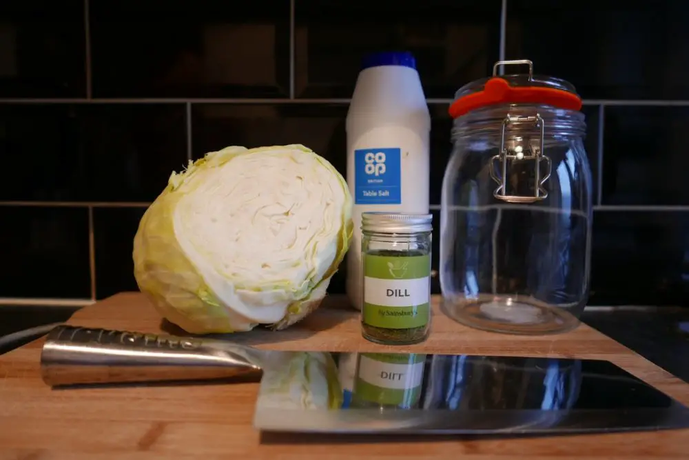 Ingredients for Sandor Katz' easy sauerkraut recipe