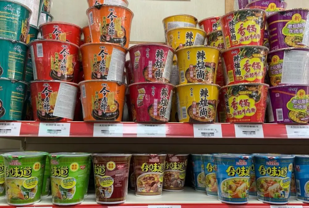 Shelf of noodle pots at 186 oriental in Bristol