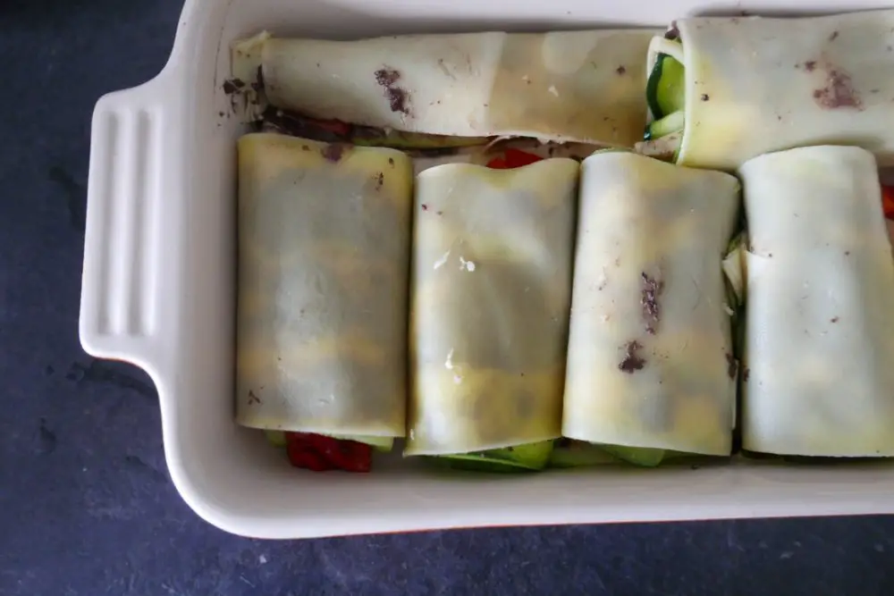 Tapenade, red peppers and artichokes rolled in lasagne sheets