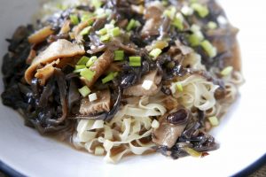 Shanghai noodles with five spice tofu, black fungus and shitake mushrooms