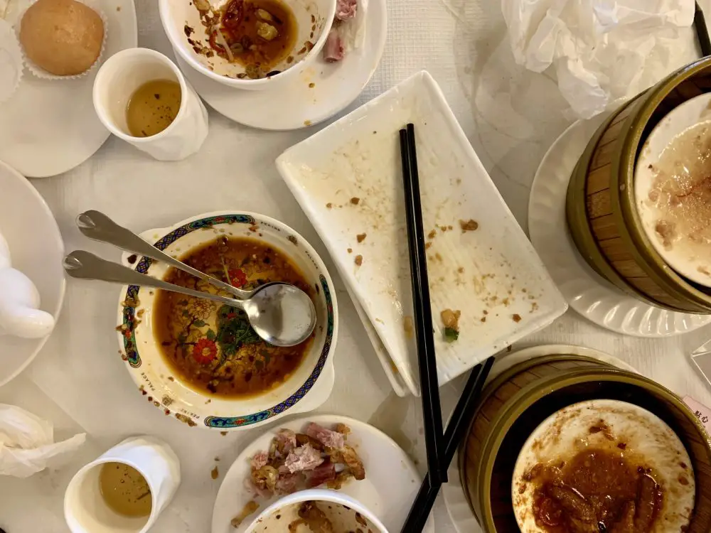 Empty dim sum plates at Dragon's Delicacy in Bristol