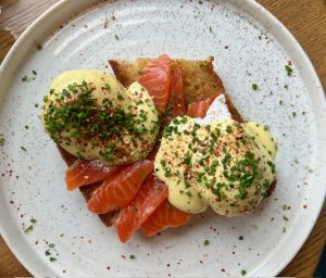 Cured Cornish sea trout with poached eggs and lemon hollandaise