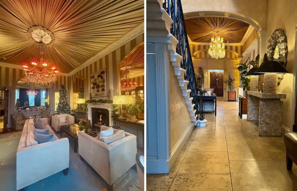 Two photos showing the interiors at Bishopstrow Hotel - to one side a lounge with cream sofas, stripy walls and a fire in the hearth, the other a marble floor hall with large staircase and chandelier