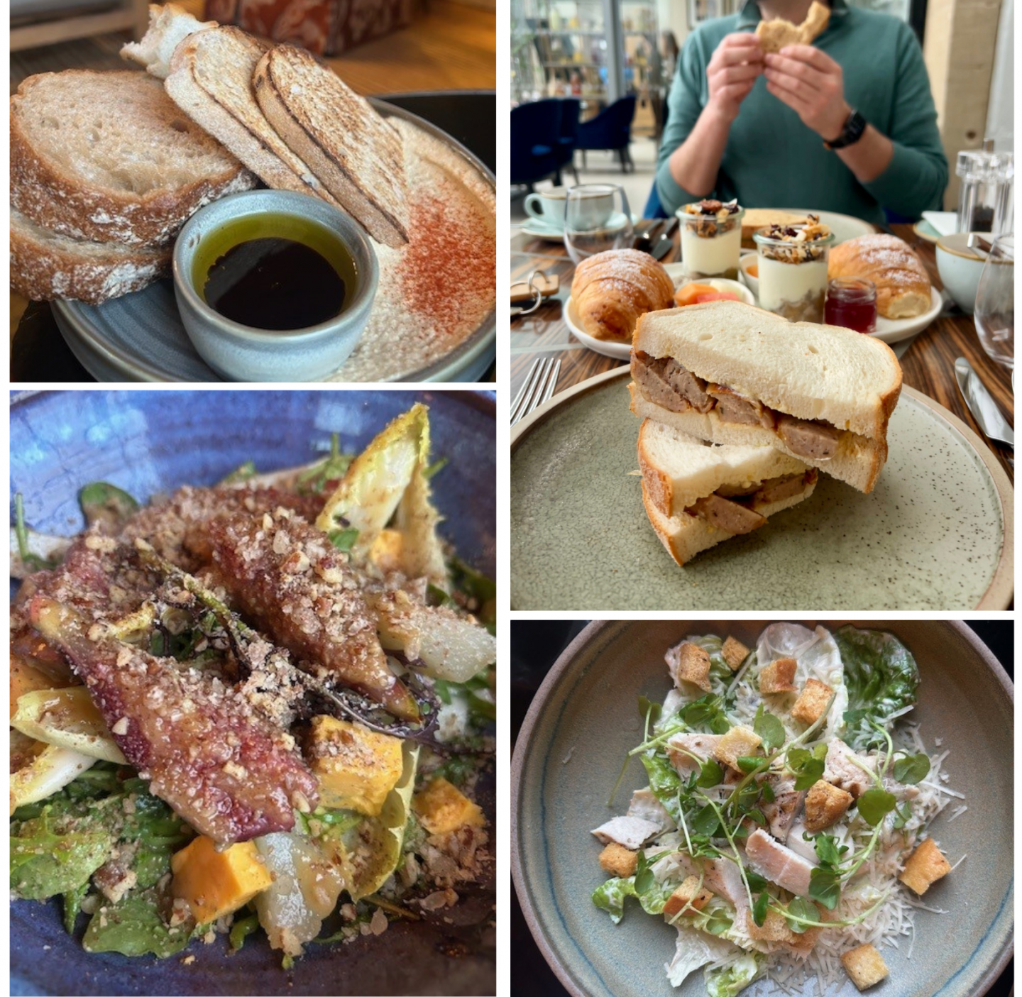 Four images of food - hummus and bread, fig and blue cheese salad, ceasar salad and sausage sandwiches