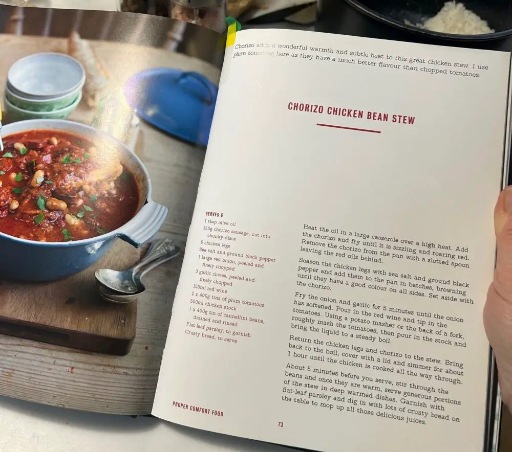 Donal Skehan's chorizo, chicken and bean stew recipe on the page of his cookbook