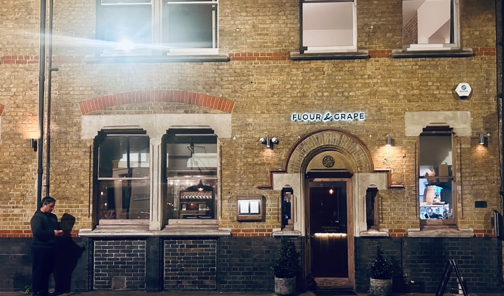 Outside the unassuming but excellent Flour and Grape in London on a winter night